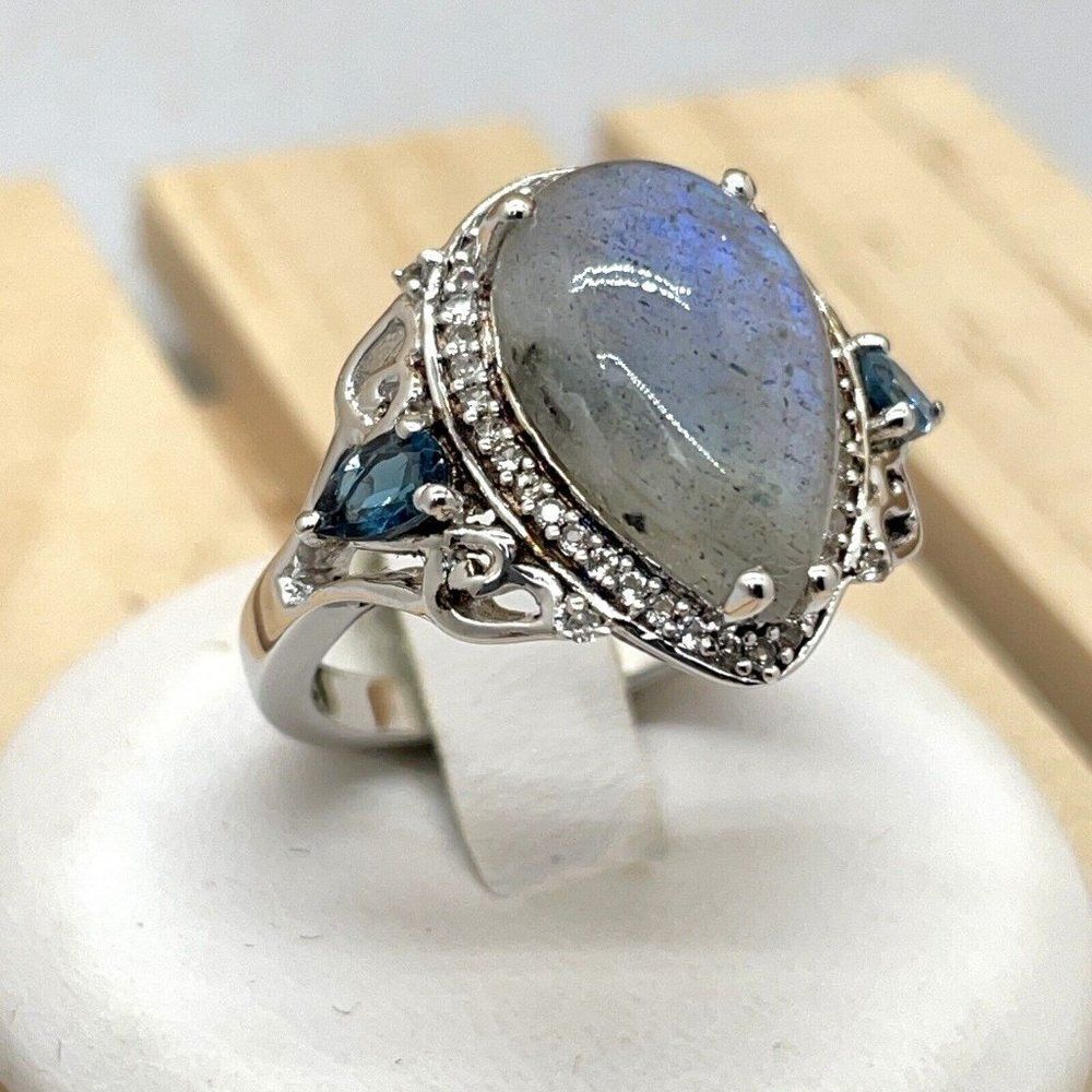 Colleen Lopez Labradorite Ring London Blue Topaz Sterling .925 White Topaz 7.75 - Picture 2 of 11